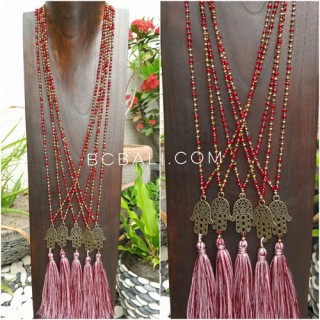 hamsa hand bronze pendant tassels necklace crystal bead 2color